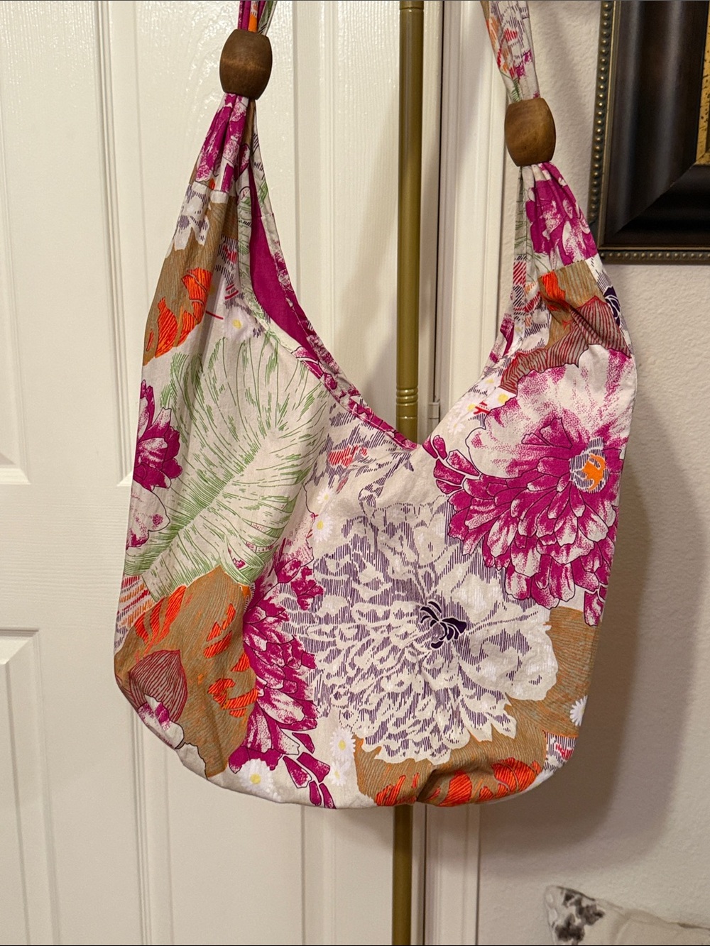 Floral Canvas Hobo Bag in Fuchsia and Green